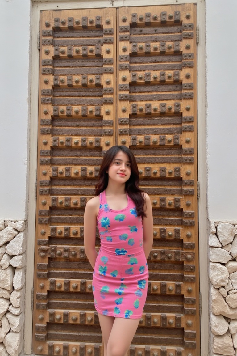 The image shows a young asian woman standing in front of a large,  ornate wooden door. The door is intricately designed wi...