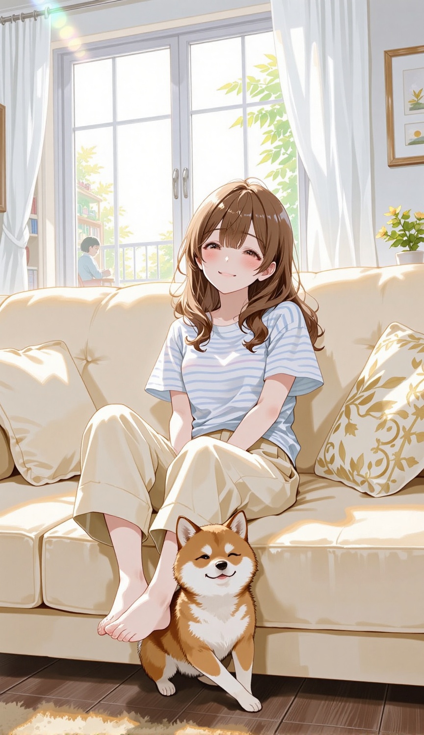 A young,  cheerful girl with long,  wavy brown hair is sitting barefoot on a cozy cream-colored couch. She is wearing a si...