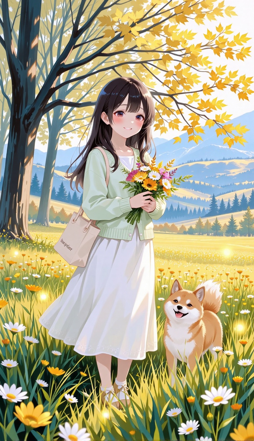 A young,  smiling girl with long dark hair is standing in a field of wildflowers. She's wearing a light green cardigan,  a...