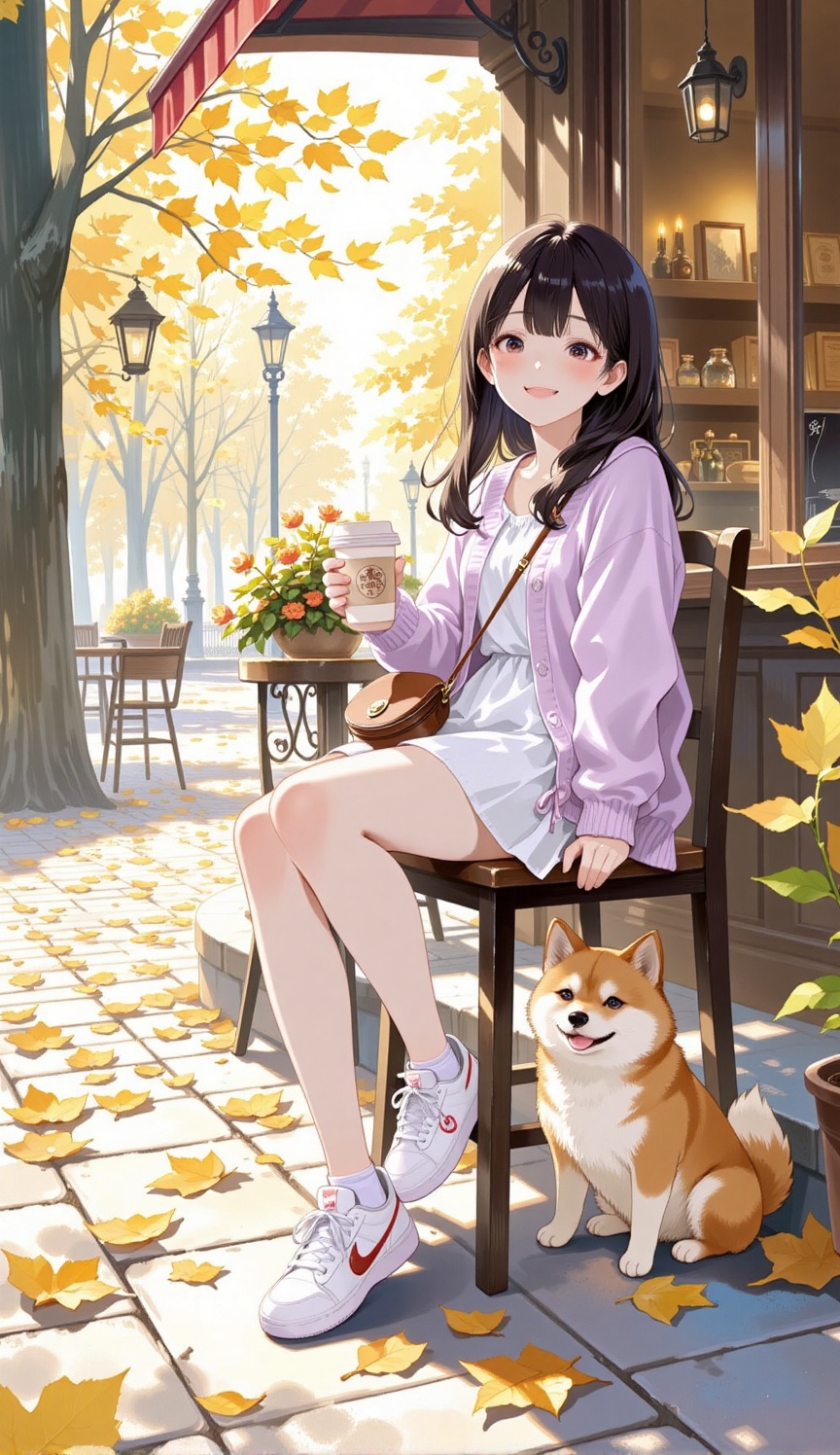 A young,  cheerful girl with long dark hair is sitting on a stool outside a cafe on an autumn day. She is wearing a light...