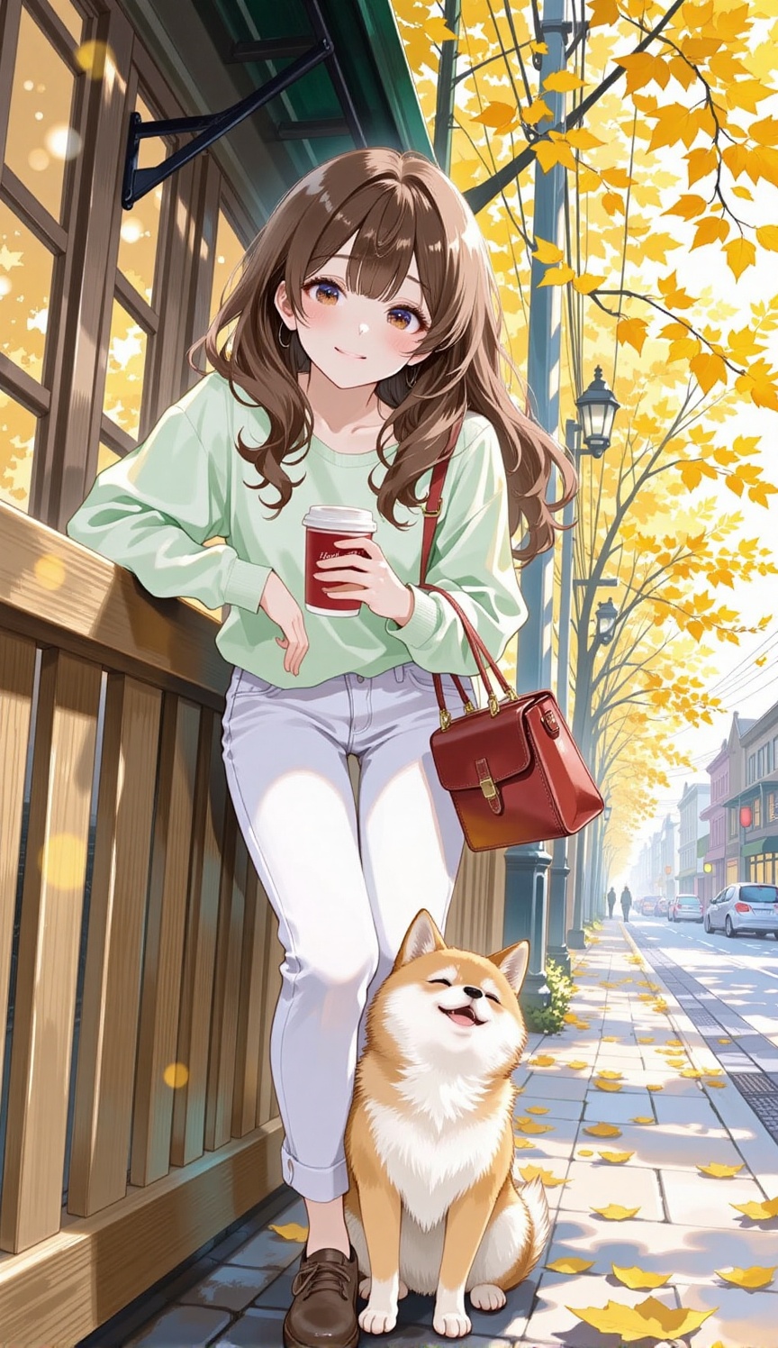 A charming anime girl with beautiful wavy brown hair and a gentle smile,  holding a coffee cup and a handbag. She's wearin...