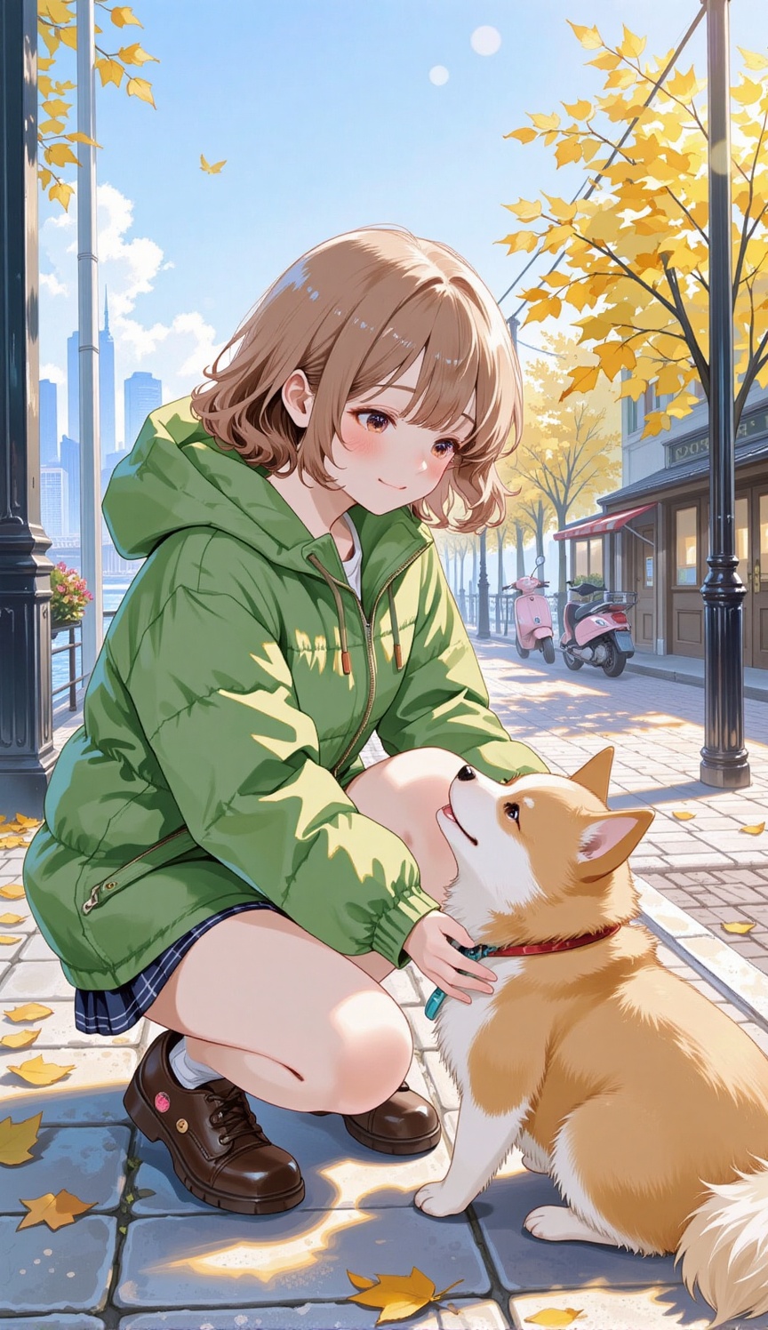 A charming anime girl with short,  wavy hair,  wearing a green puffy jacket on Tensor.Art