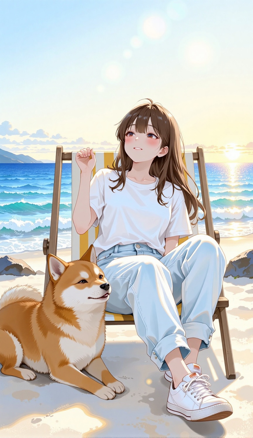 A young,  relaxed girl with long brown hair is sitting in a beach chair,  enjoying the beautiful view of the ocean. She is...