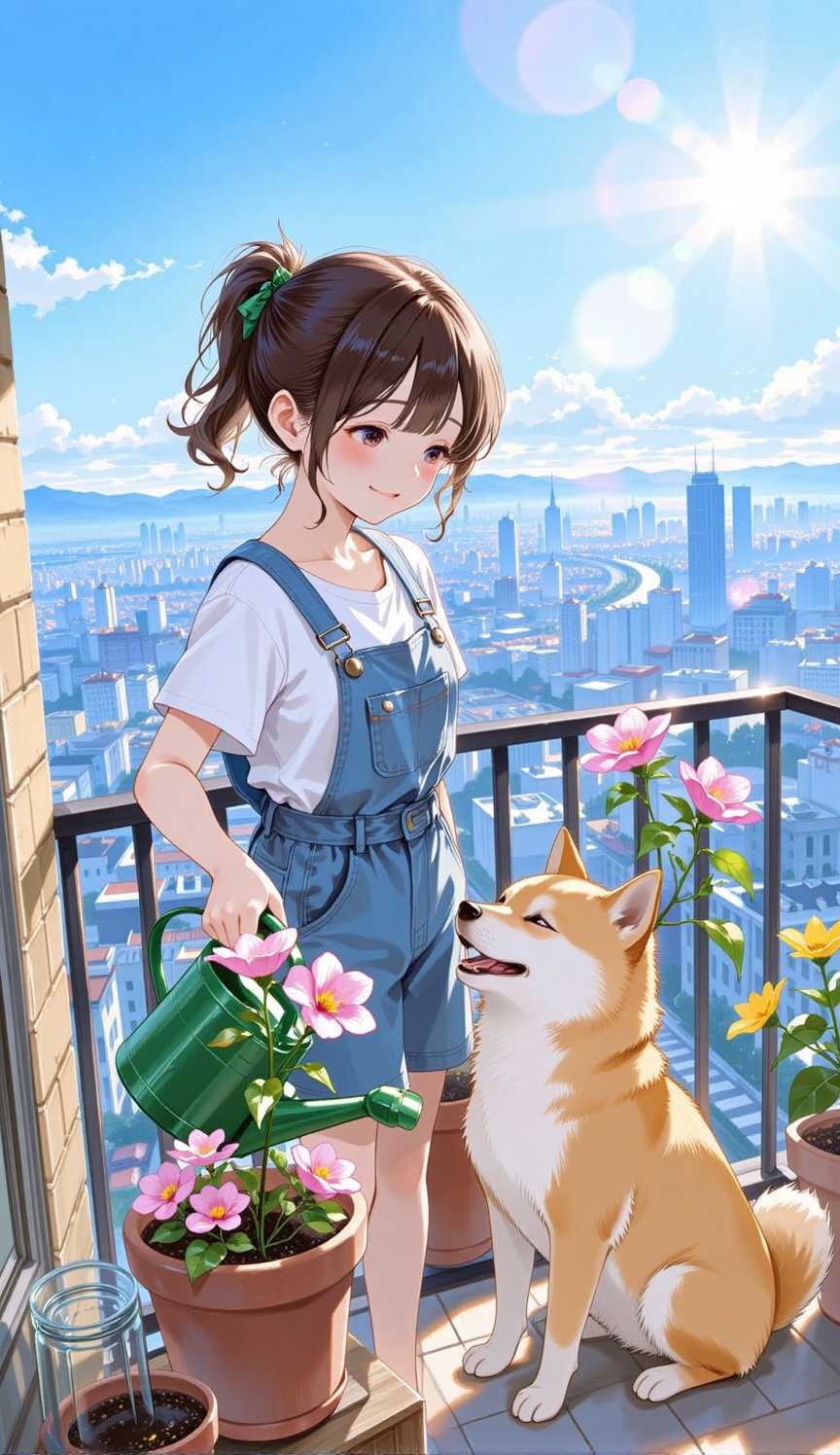 A young,  smiling girl with her hair tied back is watering plants on her balcony. She's wearing a white shirt and blue ove...