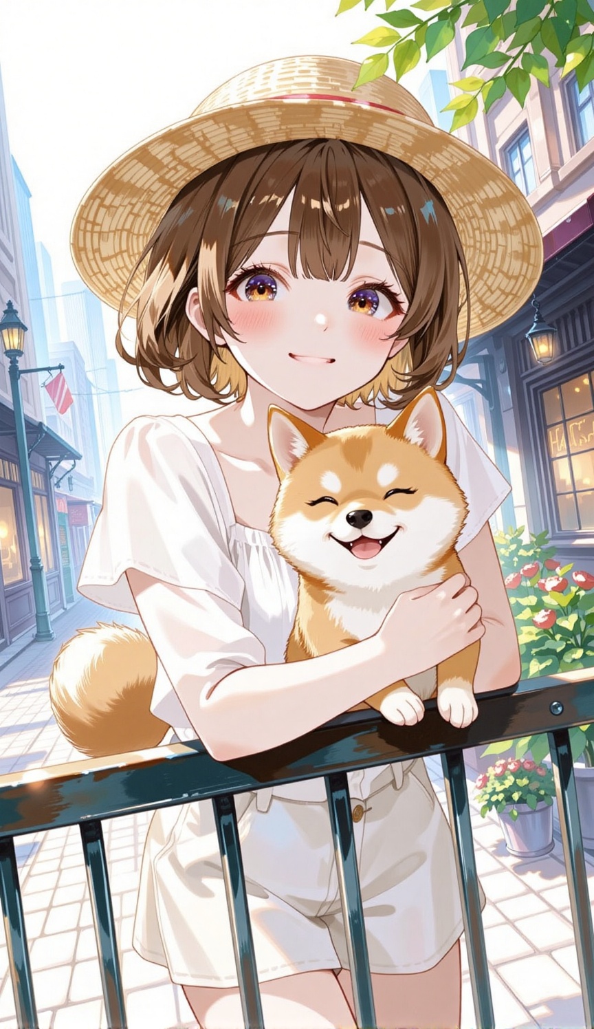 An anime-style drawing of a girl with short hair and a big smile,  wearing a straw hat and a white blouse. She is holding...
