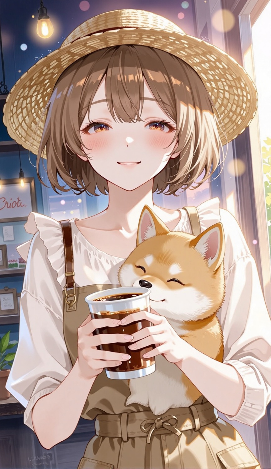 A high-quality digital illustration of a cheerful girl with short hair,  wearing a straw hat and holding a cup of coffee....