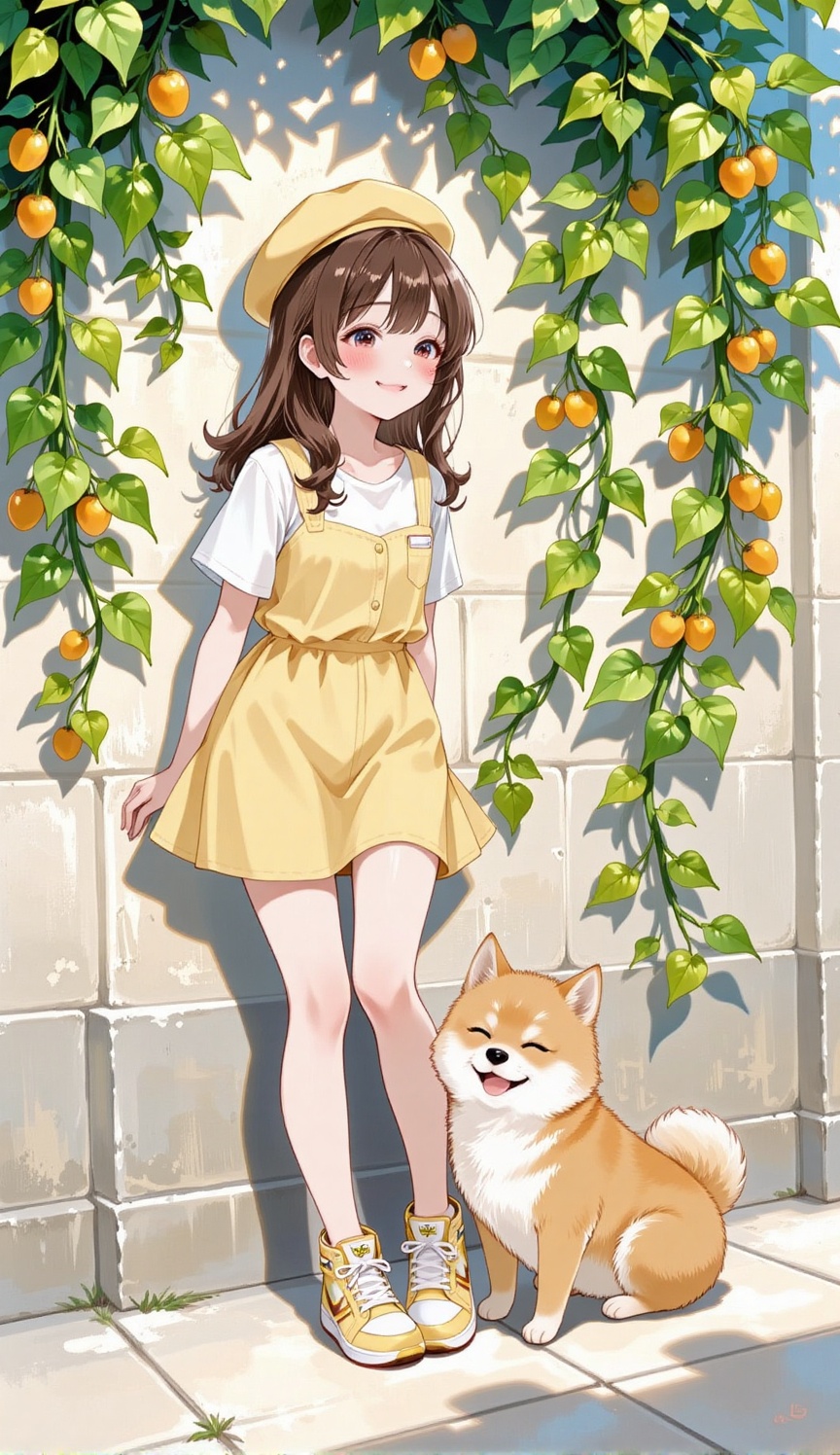 A cheerful anime girl with a bright smile,  wearing a yellow dress,  a white t-shirt on Tensor.Art