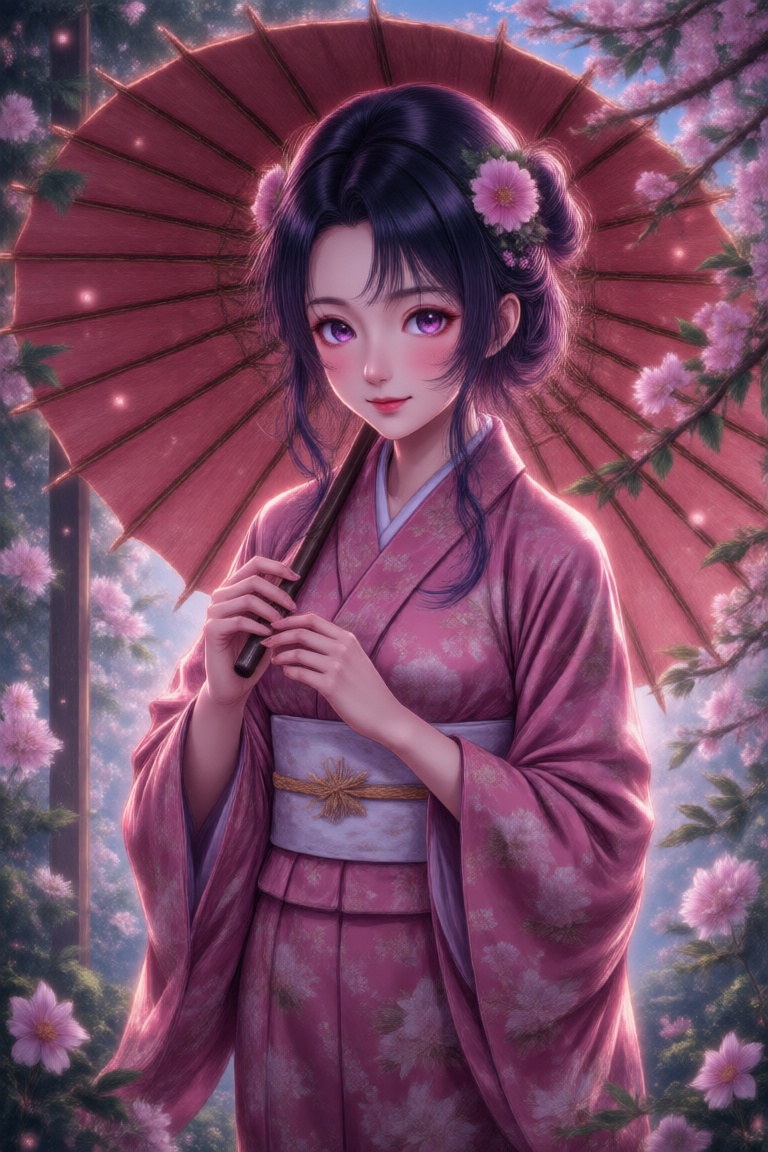 The image depicts a serene and picturesque scene with a woman dressed in a traditional Japanese kimono. The kimono is pink...