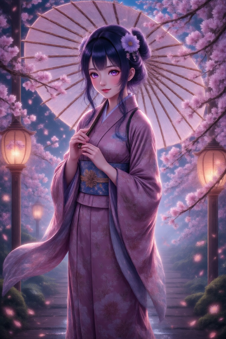 The image depicts a serene and ethereal scene with a woman dressed in a flowing,  traditional kimono adorned with delicate...