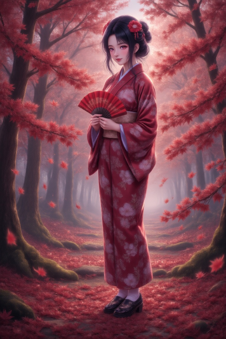The image depicts a serene scene with a woman dressed in a traditional red kimono adorned with white floral patterns. She...