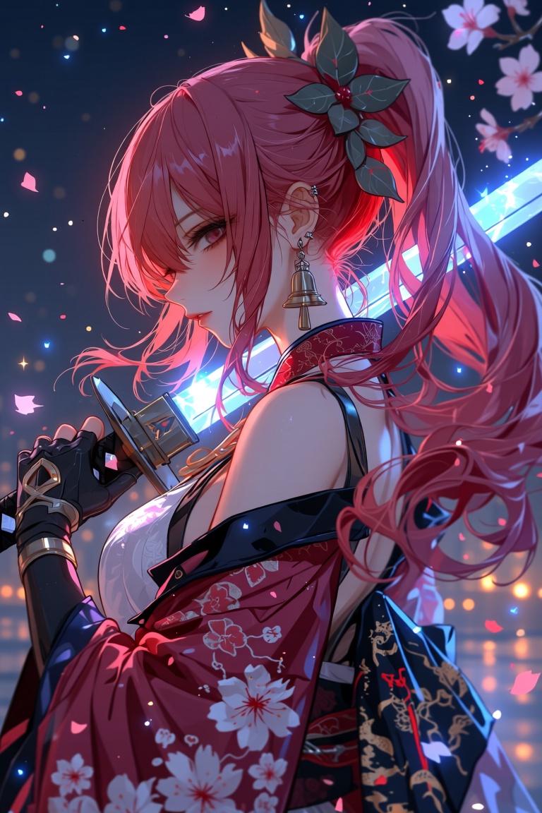 748cmstyle,  A beautiful anime girl with long,  flowing red hair tied in a high ponytail adorned with a vibrant pink flowe...