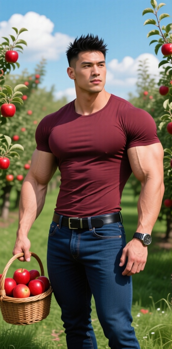 The image depicts a muscular man standing outdoors in a lush,  green apple orchard. He is wearing a fitted olive-green shi...