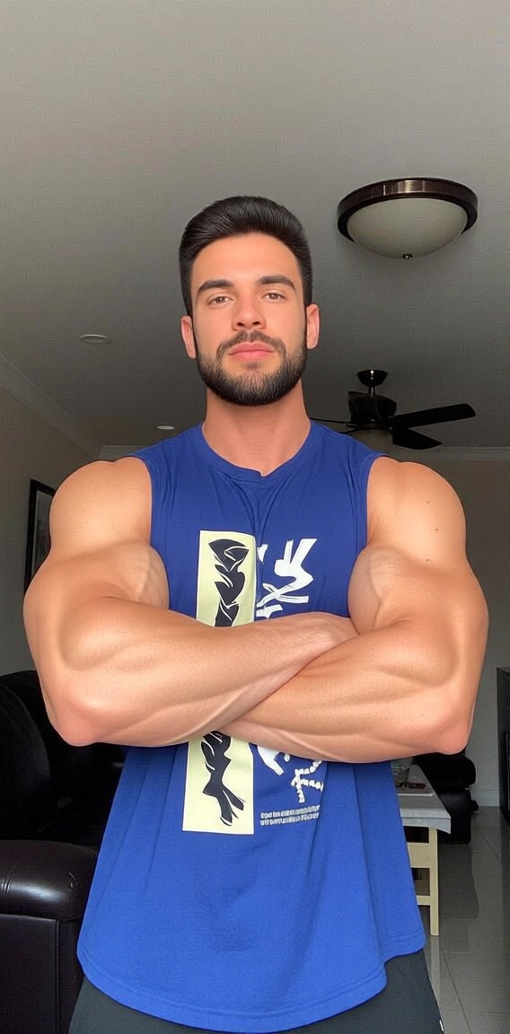 The image shows a person standing with their arms crossed,  wearing a blue sleeveless shirt with a graphic design on the l...