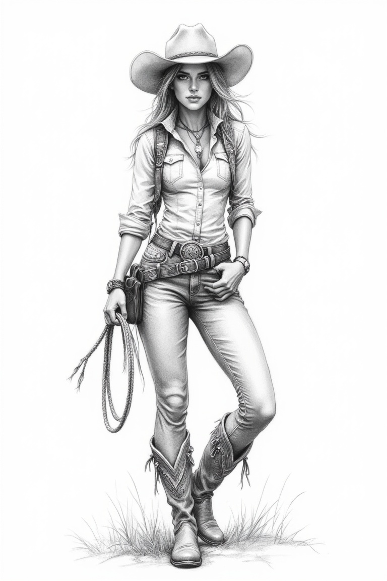 A pencil sketch art style image of a cowgirl,  detailed shading,  rustic charm on Tensor.Art