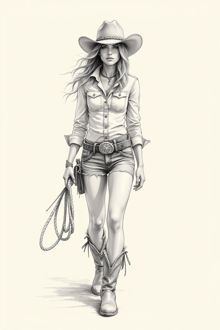 A pencil sketch art style image of a cowgirl,  detailed shading,  rustic charm on Tensor.Art