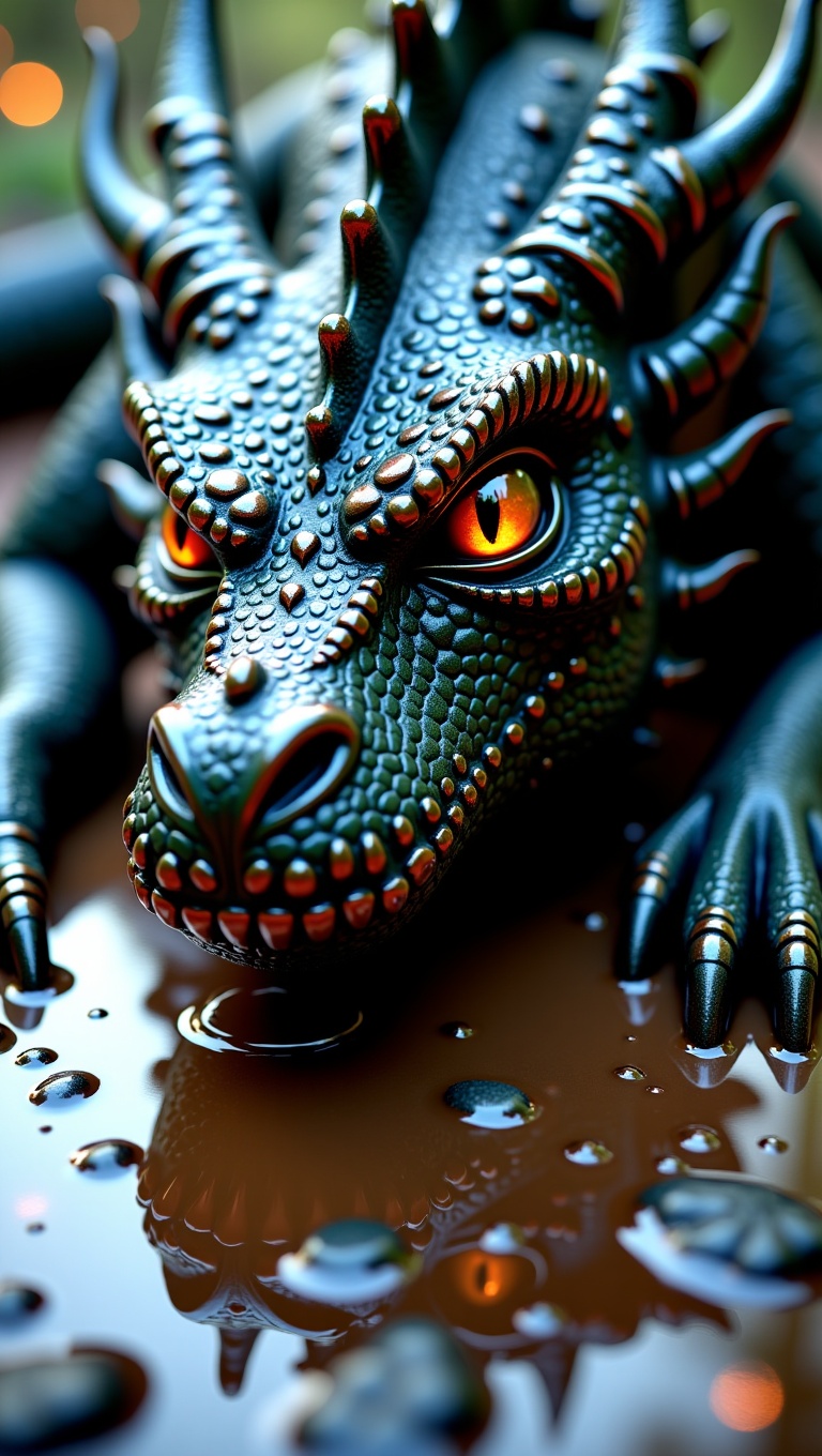 dragon with glossy scales,  reflective wet surface,  polished obsidian-like skin on Tensor.Art