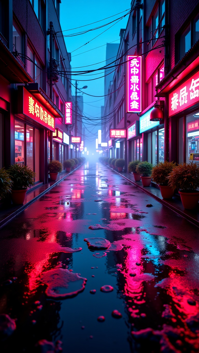 rainy neon city street,  glossy wet pavement,  reflective puddles on Tensor.Art