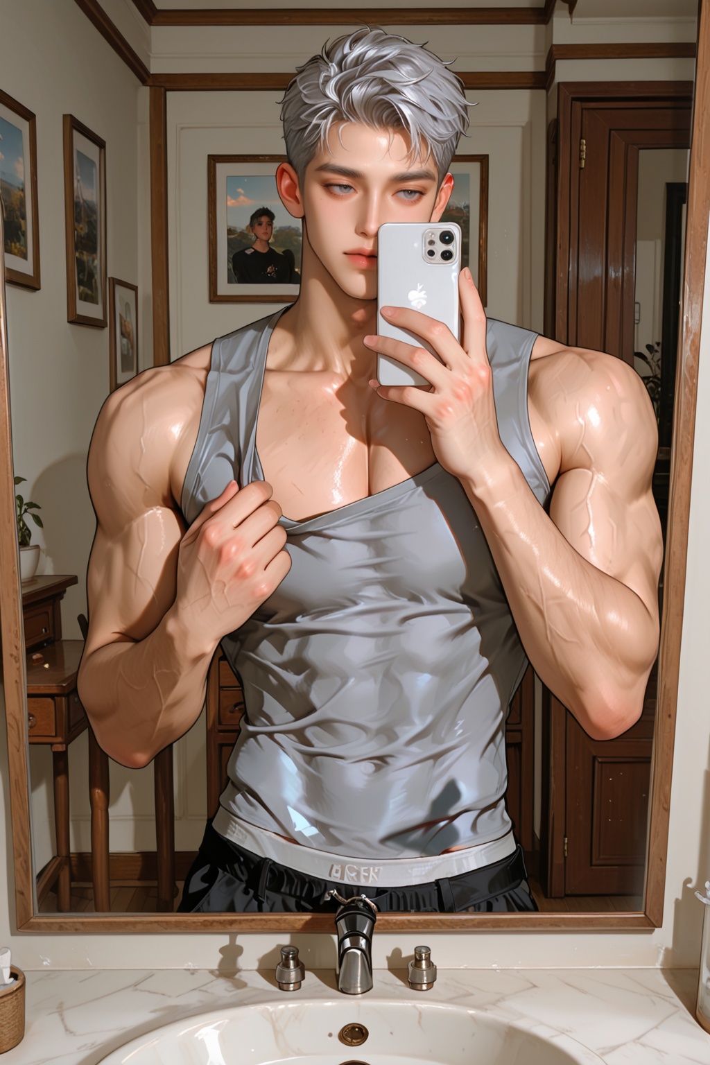 1 man,  a person taking a mirror selfie. The individual has short,  spiky on Tensor.Art