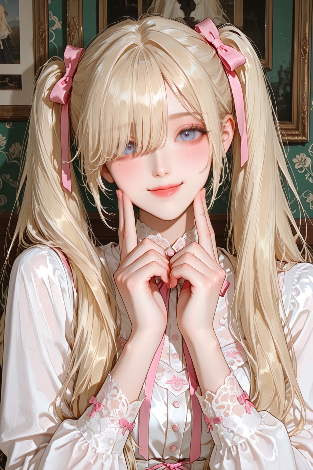 1 woman with long blonde hair styled in two ponytails,  each adorned with a pink ribbon. She is wearing a white dress with...