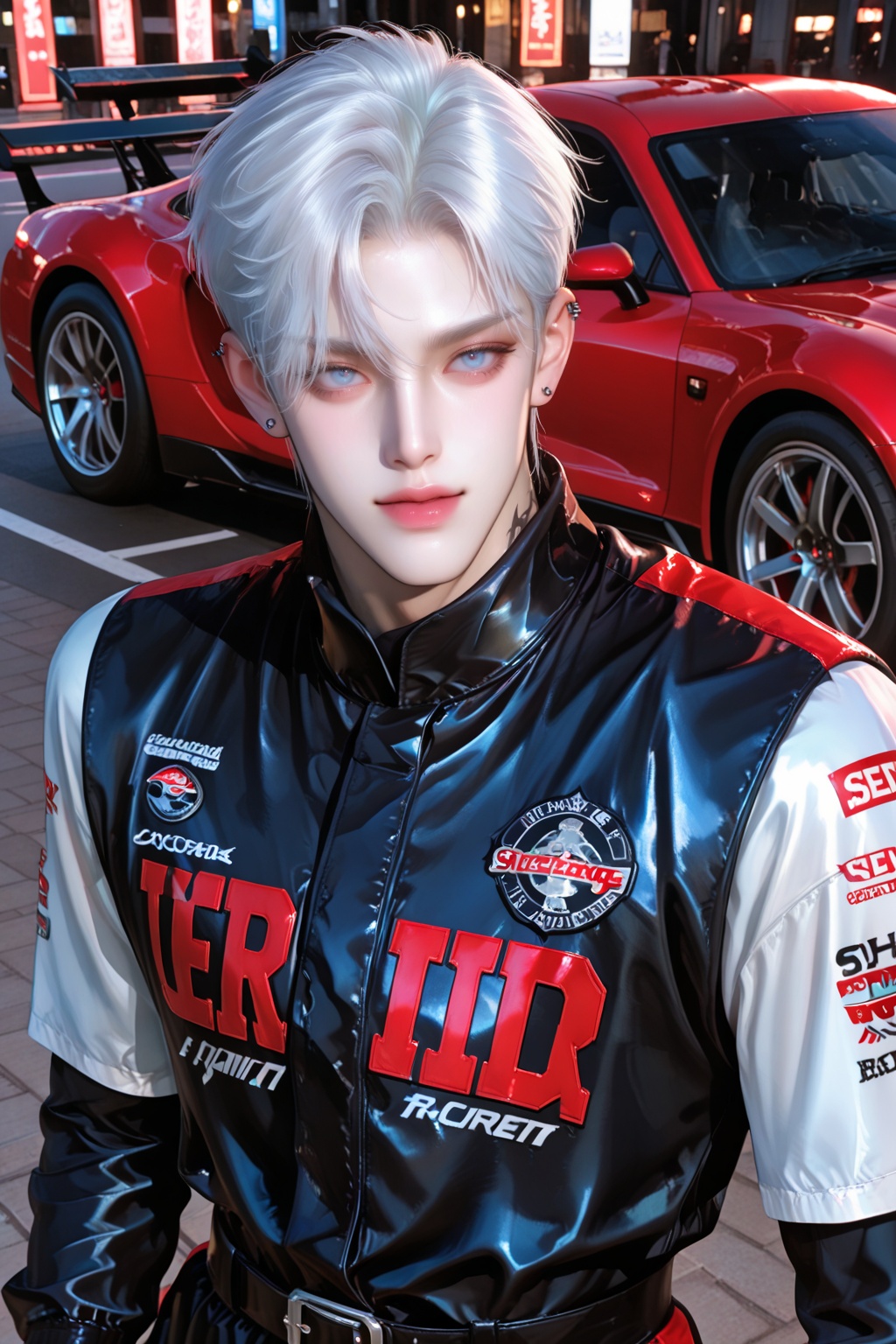 "A very handsome young man with striking white hair and piercing blue eyes,  wearing a sleek red-and-black racing suit. He...