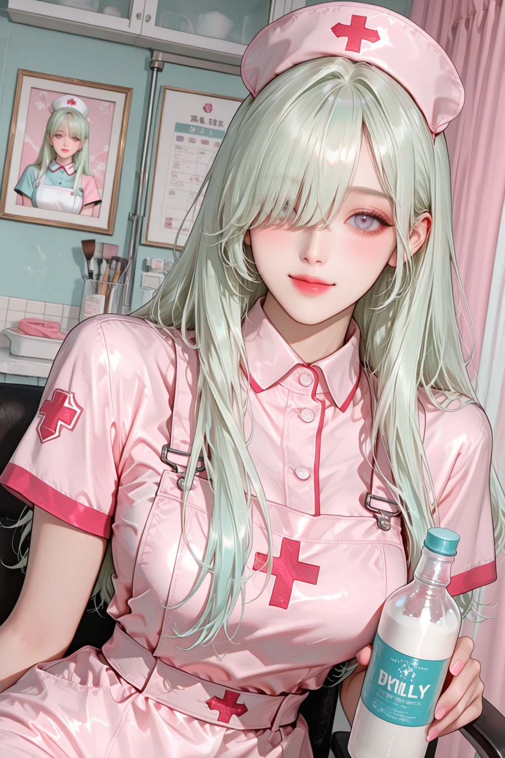 1woman,  with long,  light green hair wearing a pink nurse uniform. The character is holding a photograph of themselves on...