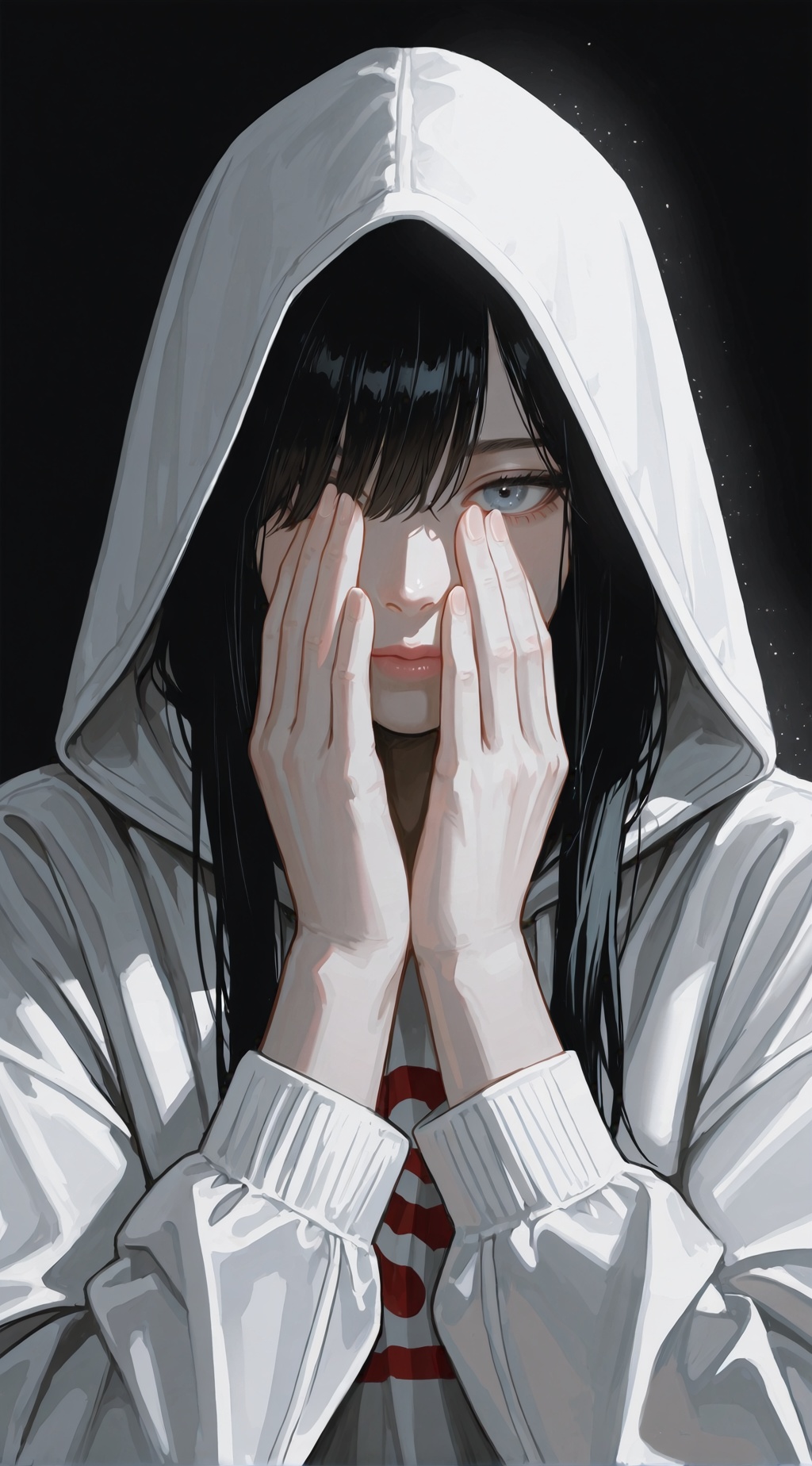 Imagine the following scene: A realistic photograph of a beautiful man. Black background. The man wears a white linen hood...