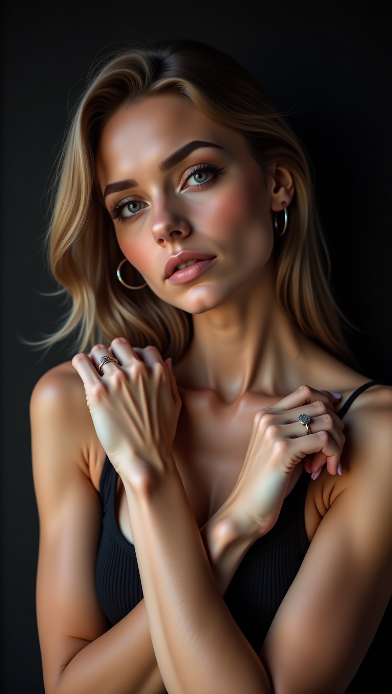 Pose: One arm wrapped around herself,  fingers grazing her collarbone. Expression: Soft,  dreamy eyes with a hint of vulne...
