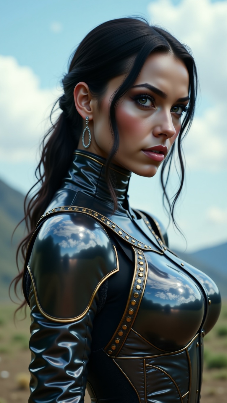 Pose: Mid-turn,  facing sideways but looking back over her shoulder. Expression: A slow,  sultry glance toward the camera....