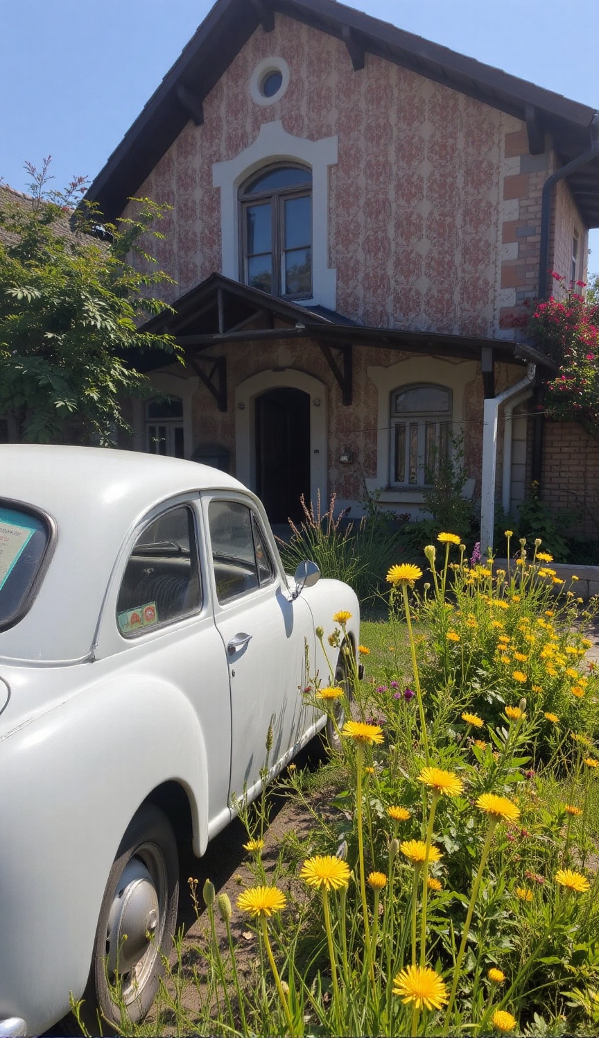 vintage car,  old house with ancient pattern,  dandelion flowers on Tensor.Art