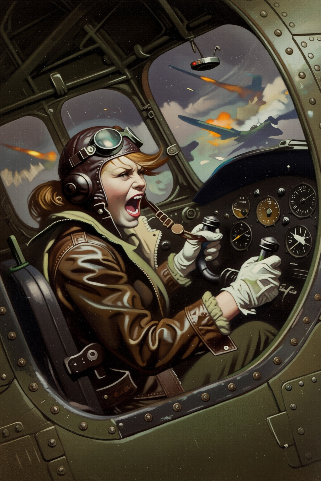 frankfrazetta2 illustration. A female pilot screaming inside the cockpit of a World War II bomber. The pilot,  wearing a v...