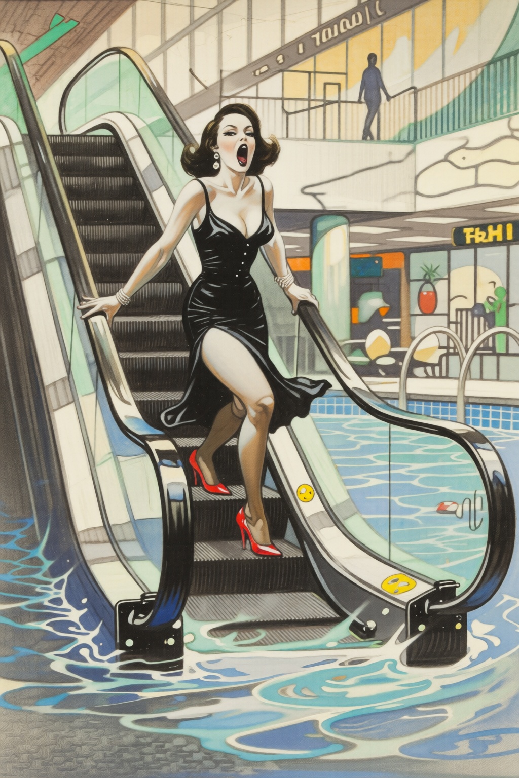 frankfrazetta2 illustration. a woman in a chic little black dress and vibrant red high heels,  gracefully descending an es...