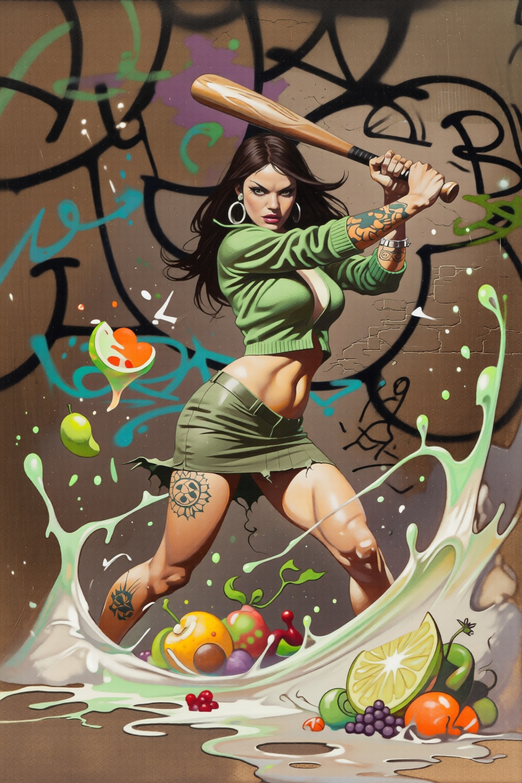 frankfrazetta2 illustration. full-body medium shot. liquid splash,  cartoonish juicy fruits chaos,  dynamic pose on Tensor...