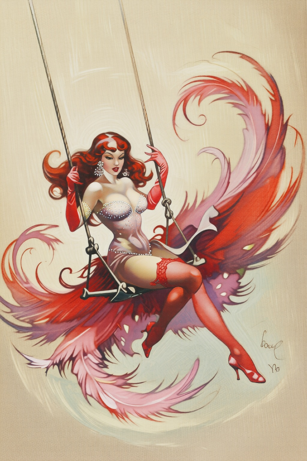 frankfrazetta2 illustration. erte. A glamorous woman on a swing,  soaring through the air with flowing,  stylized red and...