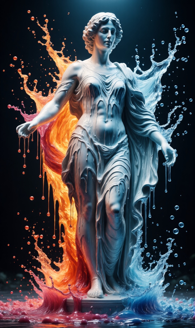Human body full clothed,  full dressed melting into a statue,  liquid morphing effect on Tensor.Art