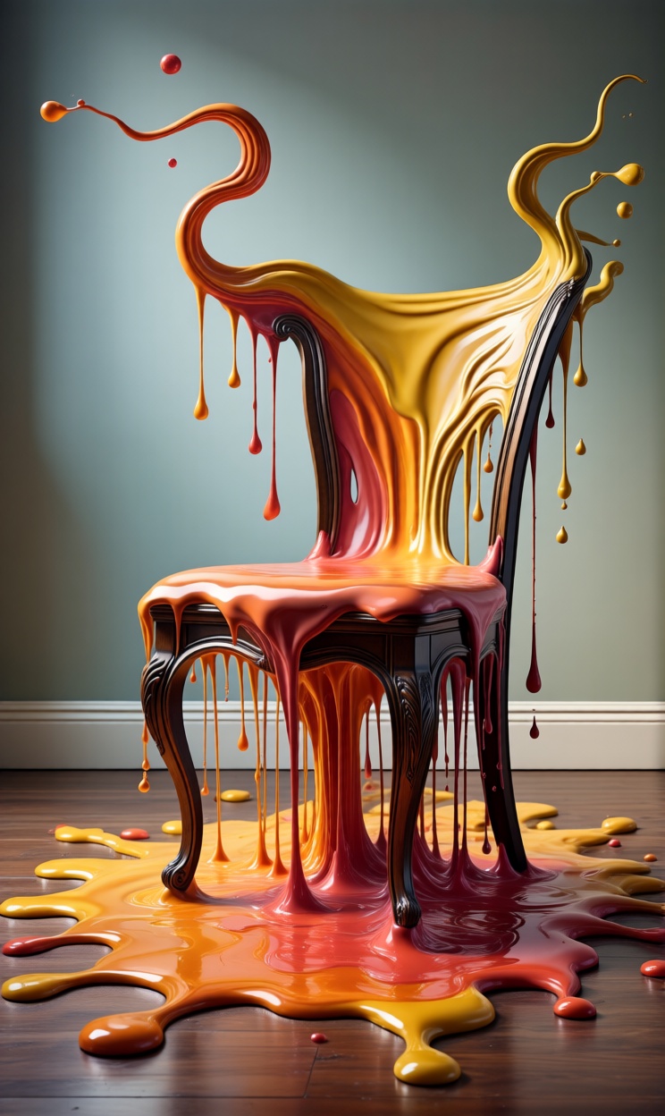 Chair melting into the floor,  object dripping like wax,  fluid transformation on Tensor.Art
