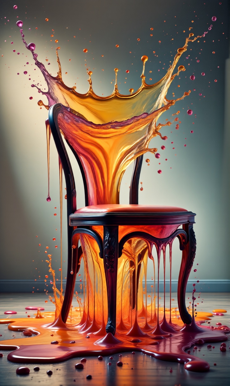 Chair melting into the floor,  object dripping like wax,  fluid transformation on Tensor.Art