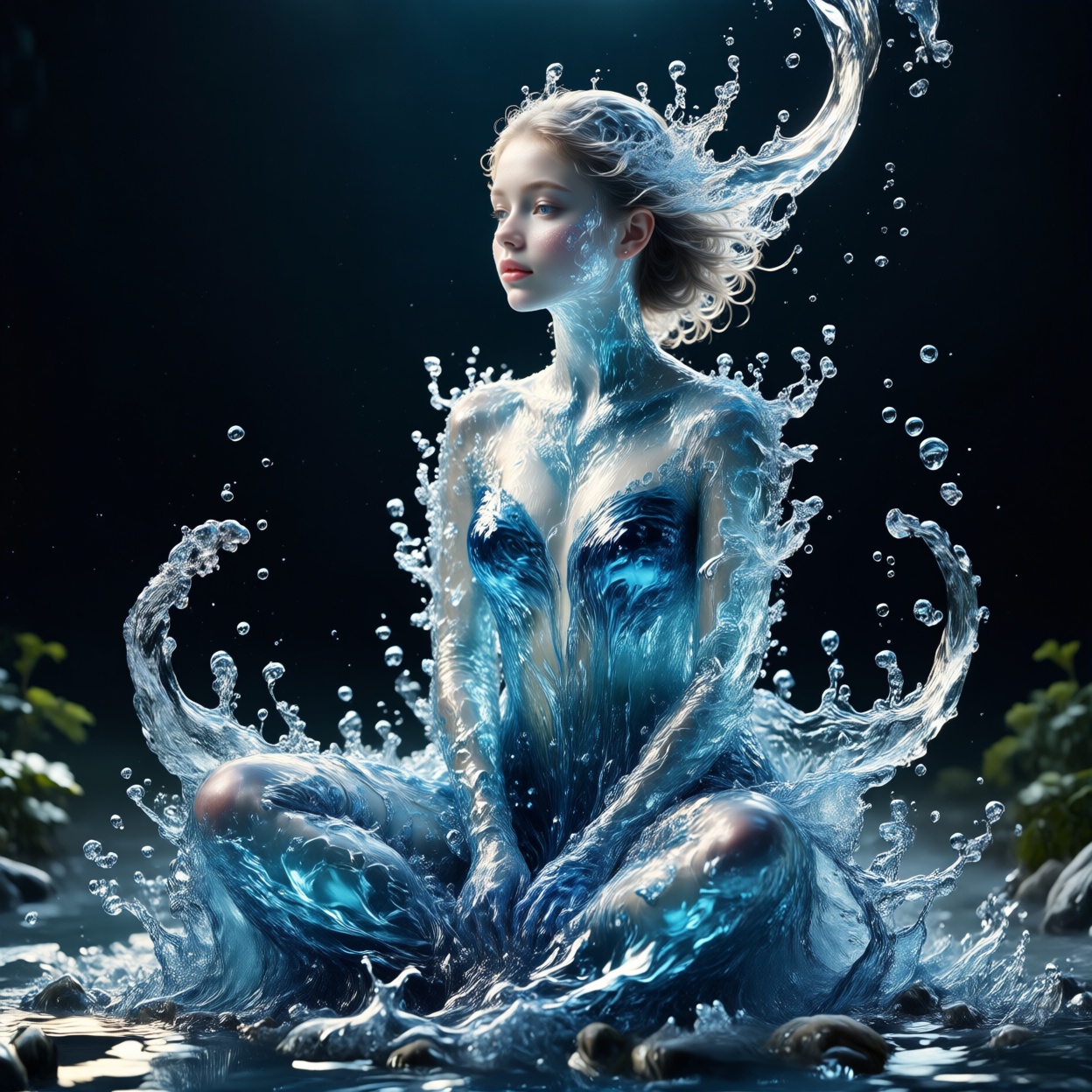 Beautiful gir. Portrait of a girl's figure in a full body,  sitting pos. Full clothed,  full water dressed. Portrait of a...