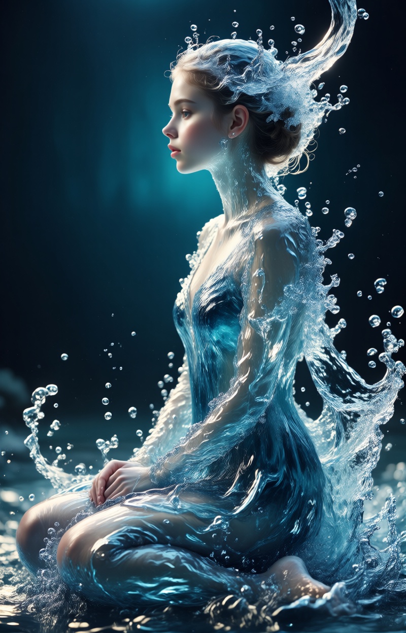 Beautiful girl in profile. Portrait of a girl's figure in a full body,  sitting pos. Full clothed,  full water dressed. Po...
