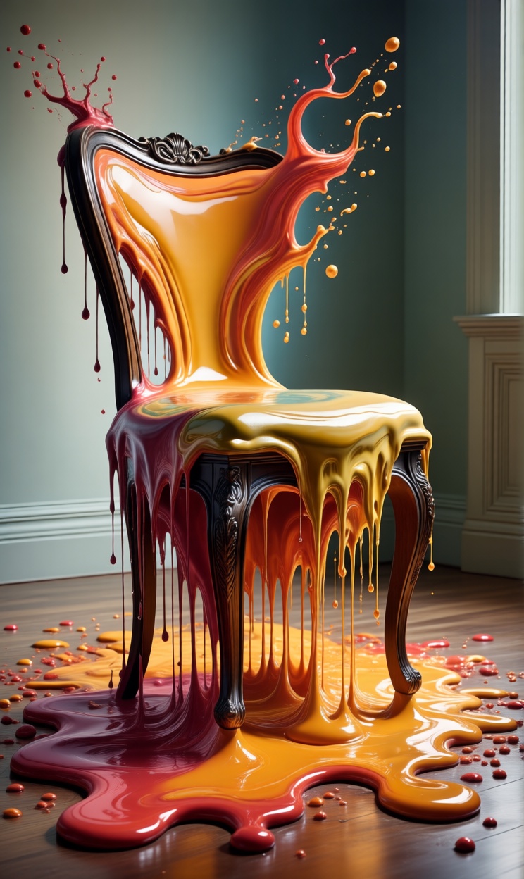 Chair melting into the floor,  object dripping like wax,  fluid transformation on Tensor.Art
