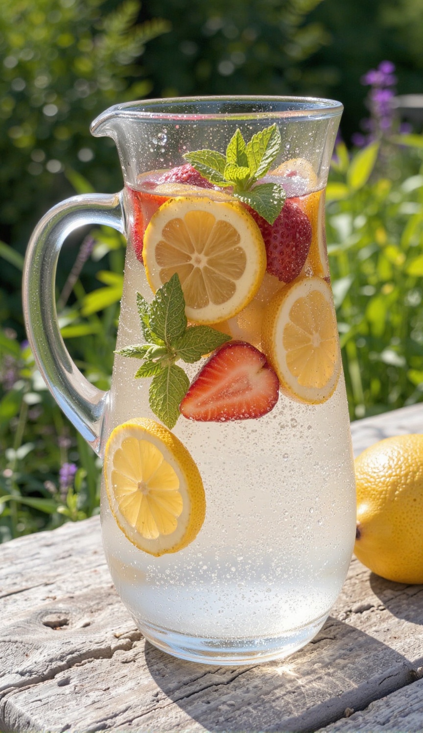 A detailed and vibrant cinematic close-up shot of a clear glass pitcher filled with refreshing infused water. The pitcher...