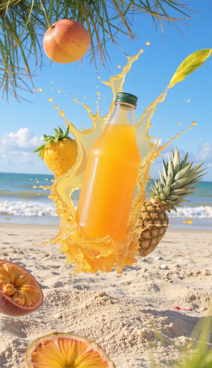 A high-energy,  dynamic,  and action-packed commercial shot of a bottle of tropical fruit juice. The bottle is shown mid-a...