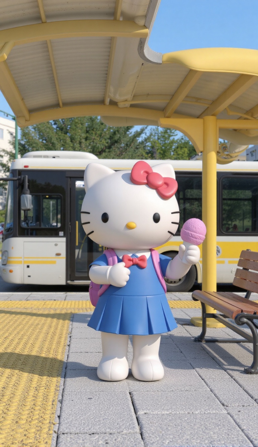 A 3D-rendered image of Hello Kitty standing at a bus stop. Hello Kitty is depicted as a white cat with a large red bow on...