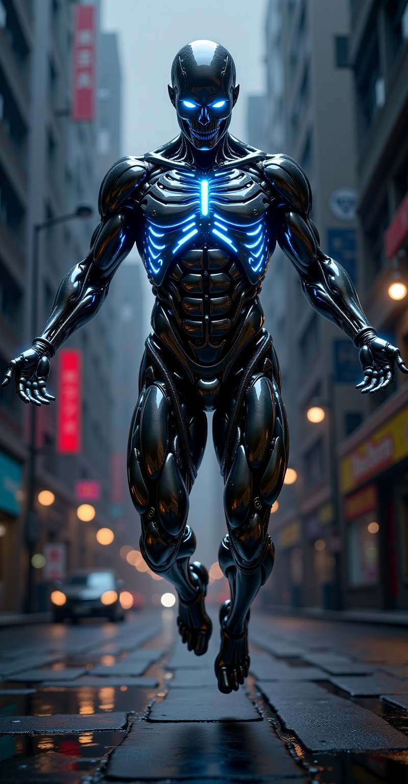 A full-body superhero with biomechanical ceramic ribs and tubular skeletal structure,  mid-air leap in a dynamic action po...