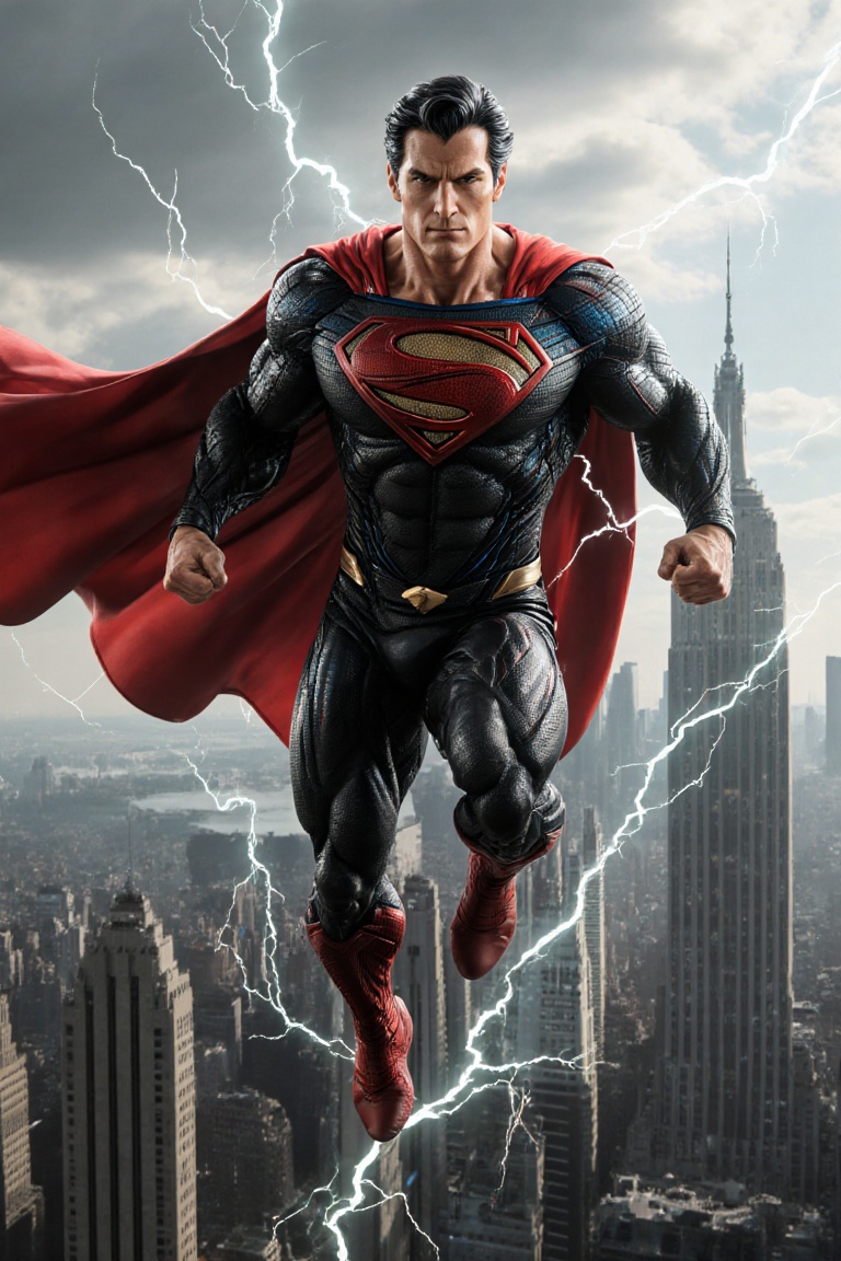Realistic digital art of a muscular superhero resembling Superman in mid-flight over a city skyline. He wears a tight blac...