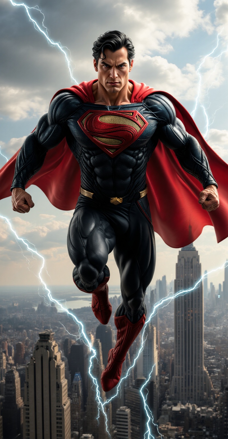 A muscular superhero,  resembling Superman,  is in mid-flight over a city skyline. He wears a tight on Tensor.Art