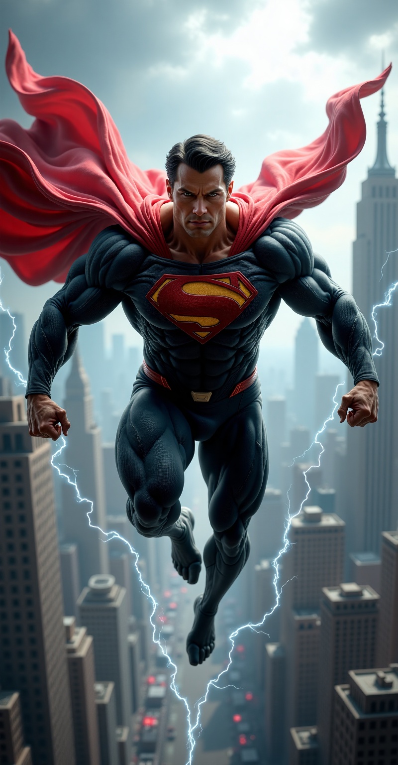 A muscular superhero,  resembling Superman,  is in mid-flight over a city skyline. He wears a tight on Tensor.Art