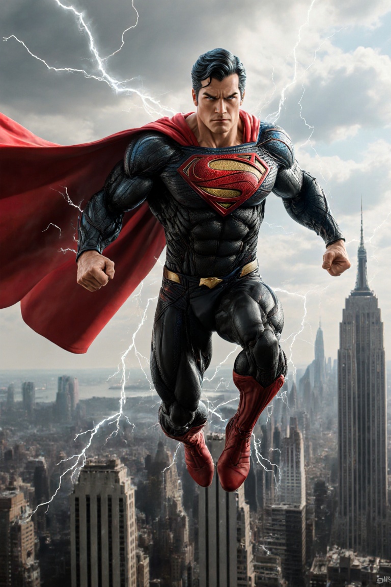 Realistic digital art of a muscular superhero resembling Superman in mid-flight over a city skyline. He wears a tight blac...