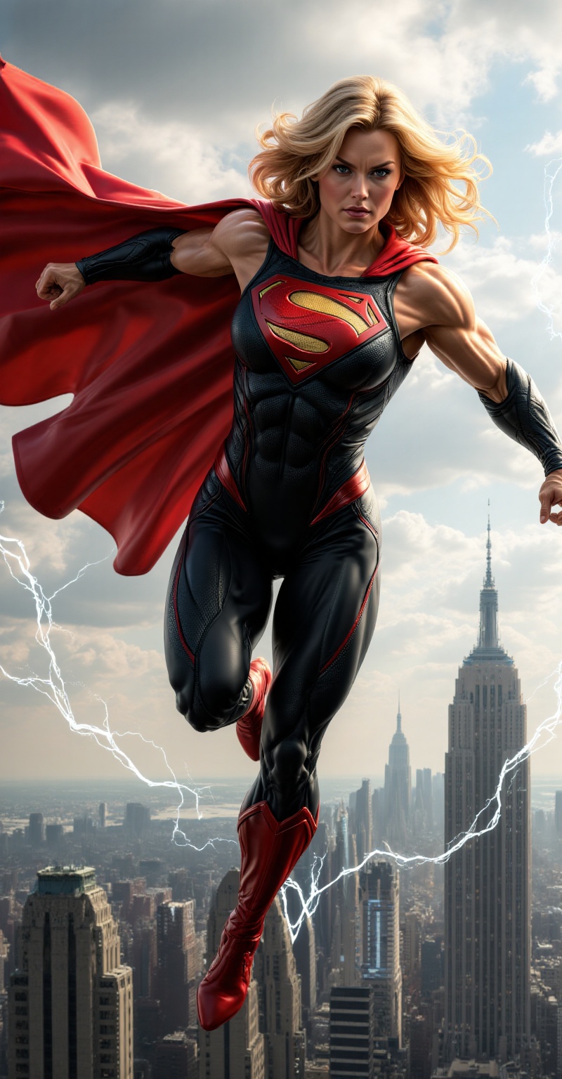 A muscular superhero,  resembling SuperGirl,  is mid-flight over a city skyline. She wears a tight on Tensor.Art