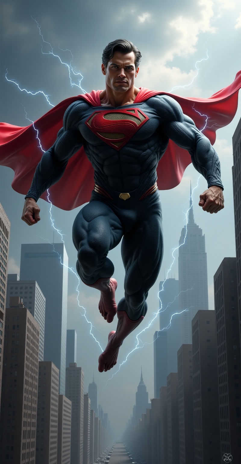 A muscular superhero,  resembling Superman,  is in mid-flight over a city skyline. He wears a tight on Tensor.Art