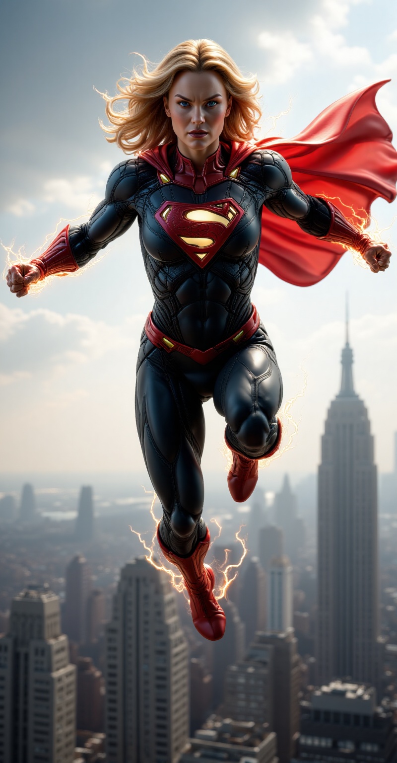 A muscular superhero,  resembling SuperGirl,  is mid-flight over a city skyline. She wears a tight on Tensor.Art